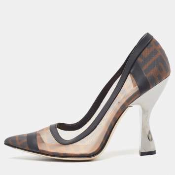 Pre Owned Fendi Beige/Black Leather And Mesh Colibri Logo Pointed Toe Pumps Size 38