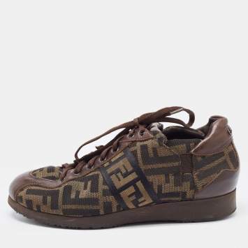 Pre Owned Fendi Brown Zucca Canvas and Leather Low Top Sneakers Size 37