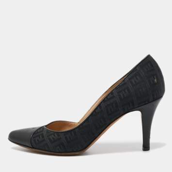 Pre Owned Fendi Black Leather and Zucca Canvas Pointed Toe Pumps Size 37