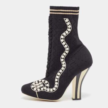Pre Owned Fendi Black Knit Fabric Pearl Embellished Sock Ankle Boots Size 39