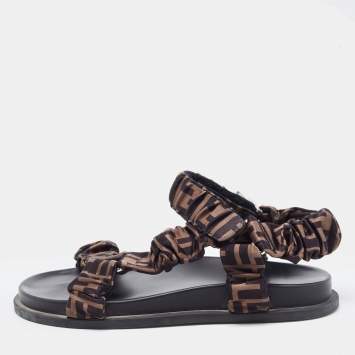 Pre Owned Fendi Brown Zucca Satin Feel Ankle Strap Sandals Size 39