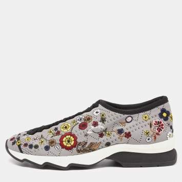Pre Owned Fendi Grey Floral Embroidered Knit Fabric Slip On Sneakers Size 36