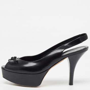 Pre Owned Fendi Black Leather Bow Fendista Slingback Pumps Size 37