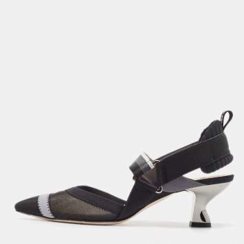 Pre Owned Fendi Black/White Mesh and Canvas Colibri Slingback Pumps Size 36.5