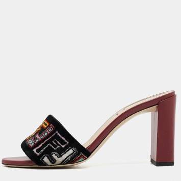 Pre Owned Fendi Multicolor Velvet FF Logo Slip On Slides Size 37