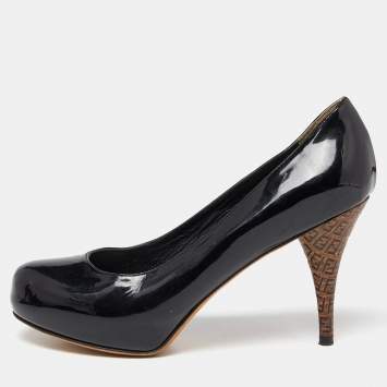 Pre Owned Fendi Black Patent Leather Zucca Heel Platform Pumps Size 37.5