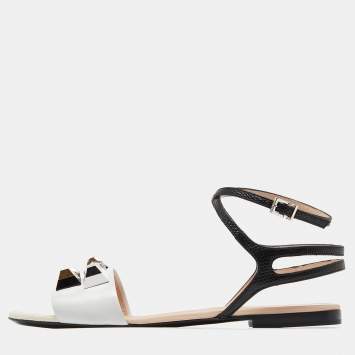 Pre Owned Fendi White/Black Lizard Embossed Leather Studded Ankle Strap Flat Sandals Size 40