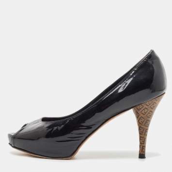 Pre Owned Fendi Black Patent Leather Zucca Print Heel Peep-Toe Pumps Size 36.5