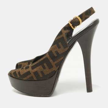 Pre Owned Fendi Brown Zucca Canvas Fendista Peep Toe Slingback Pumps Size 36