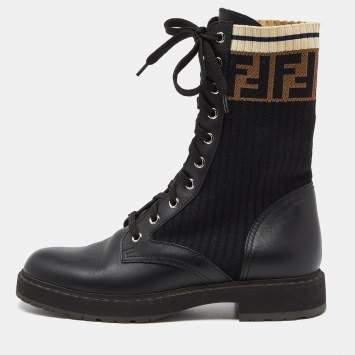 Pre Owned Fendi Black Leather and Zucca Stretch Fabric Rockoko Combat Boots Size 38