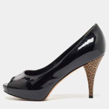 Pre Owned Fendi Black Patent Leather FF Heels Peep Toe Platform Pumps Size 35.5