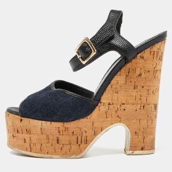 Pre Owned Fendi Navy Blue/Black Denim and Lizard Embossed Leather Cork Wedge Platform Ankle Strap Sandals Size 35
