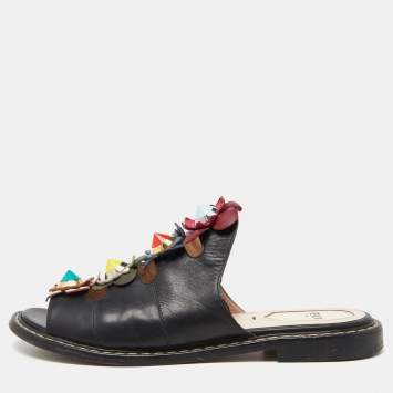 Pre Owned Fendi Black Leather Flowerland Slide Sandals Size 36
