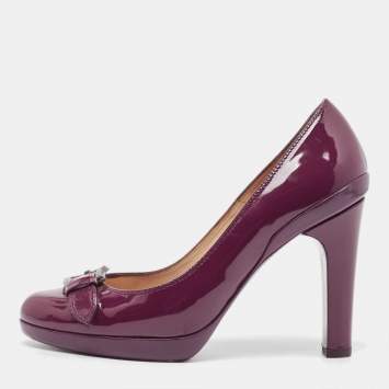 Pre Owned Fendi Burgundy Patent Leather Buckle Detail  Round Toe Pumps Size 36.5