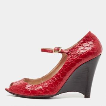 Pre Owned Fendi Red Croc Embossed Leather Peep Toe Wedges Pumps Size 39.5