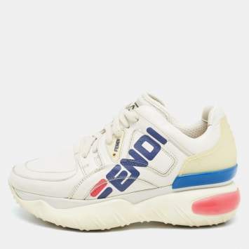 Pre Owned Fendi Cream Leather and Rubber Fendi-Fila Mania Logo Low Top Sneakers Size 36