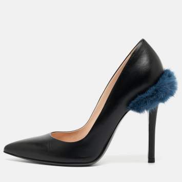 Pre Owned Fendi Black Leather and Mink Fur Trim Pointed Toe Pumps Size 36