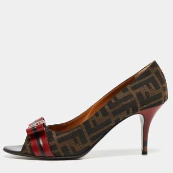 Pre Owned Fendi Brown/Burgundy Tobacco Zucca Canvas and Leather Bow Pumps Size 41