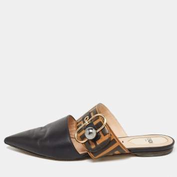 Pre Owned Fendi Black/Brown Leather FF Logo Buckle Flat Mules Size 36