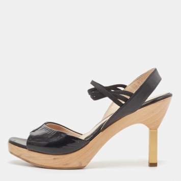 Pre Owned Fendi Black Patent Leather Open Toe Slingback Sandals Size 36