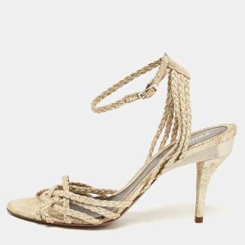Pre Owned Fendi Metallic Braided Textured Suede Ankle Strap Sandals Size 38.5