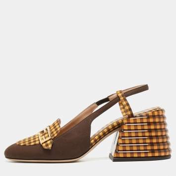 Pre Owned Fendi Yellow/Brown Checkered Fabric Promenade Slingback Loafer Pumps Size 36