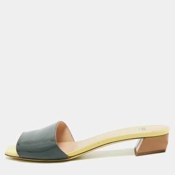 Pre Owned Fendi Green Patent Leather Slide Sandals Size 38.5