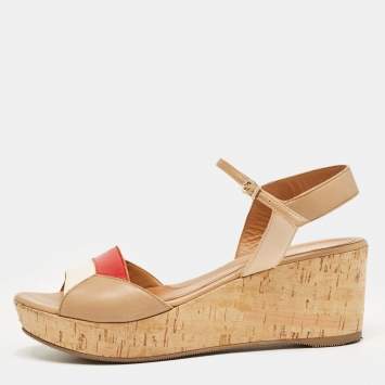 Pre Owned Fendi Tricolor Leather Cork Wedge Ankle Strap Sandals Size 39