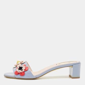 Pre Owned Fendi Blue Patent Leather Flowerland Slide Sandals Size 38.5