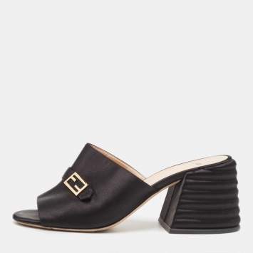 Pre Owned Fendi Black Satin FF Buckle Block Heel Slide Sandals Size 41