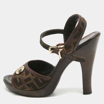 مملوكة مسبقًا Fendi Brown Zucca Canvas and Leather Ankle Strap Sandals Size 40.5 