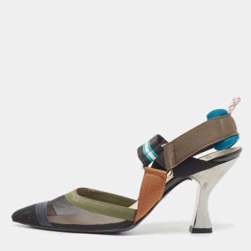 Pre Owned Fendi Black Mesh and Fabric Colibri Slingback Pumps Size 37.5