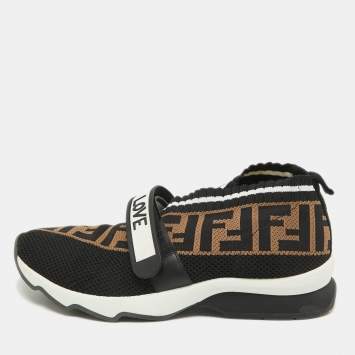 Pre Owned Fendi Black/Tobacco Zucca Knit Fabric Rockoko Sneakers Size 37