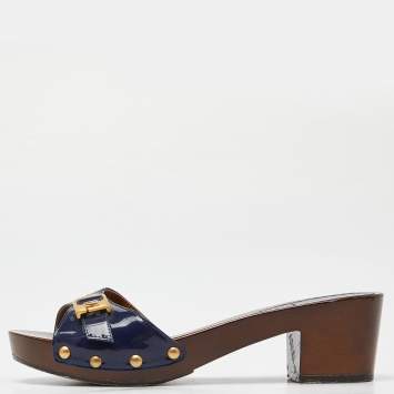 Pre Owned Fendi Blue Patent Leather Block Heel Slide Mules Size 37