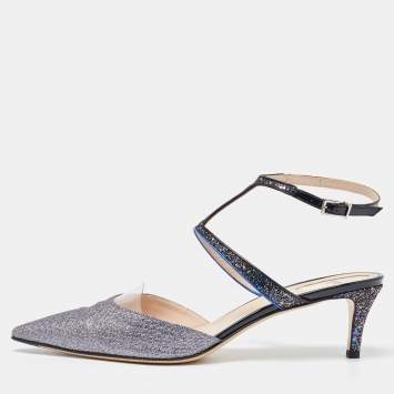 Pre Owned Fendi Black/Grey PVC and Patent Leather Glitter Ankle Strap Sandals Size 42