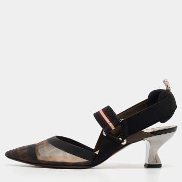 Pre Owned Fendi Brown/Black Zucca Mesh and Leather Colibri Slingback Pumps Size 37