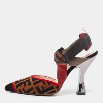 Pre Owned Fendi Multicolor Zucca Velvet Colibri Forever Logo Slingback Pumps Size 38