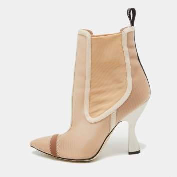Pre Owned Fendi Beige Mesh Colibri Ankle Boots Size 38