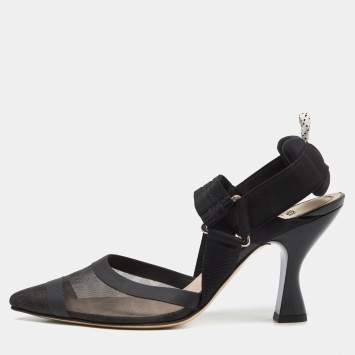 Pre Owned Fendi Black Zucca Mesh and Canvas Colibri Slingback Pumps Size 38