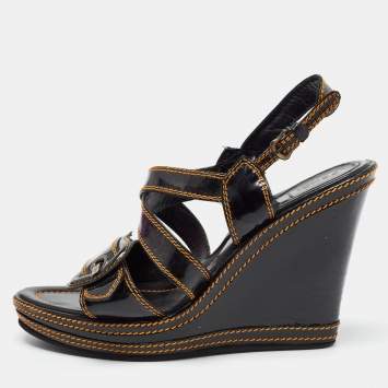 Pre Owned Fendi Black/Gold Patent Wedge Ankle Strap Sandals Size 40
