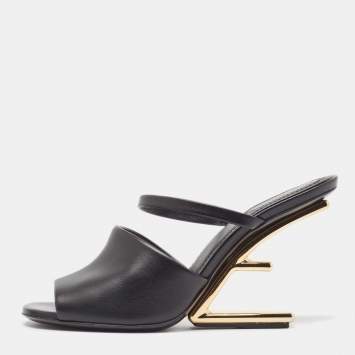 Pre Owned Fendi Black Leather Fendi First Slide Sandals Size 37