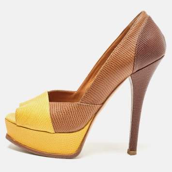 Pre Owned Fendi Brown/Yellow Lizard Embossed Leather Fendista Peep Toe Pumps Size 40