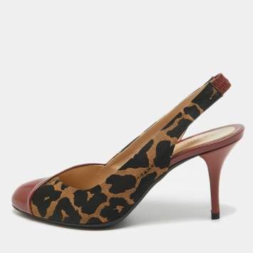 Pre Owned Fendi Red/Brown Patent and Canvas Slingback Pumps Size 38 