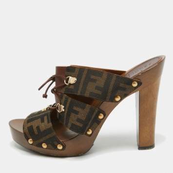 Pre Owned Fendi Brown Zucca Canvas and Leather Strappy Platform Sandals Size 39.5