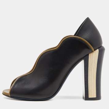 Pre Owned Fendi Black Leather Scallop Lined Peep Toe Sandals Size 36