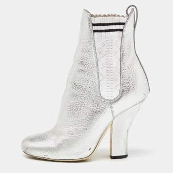 Pre Owned Fendi Silver Leather Marie Antoinette Ankle Boots Size 37