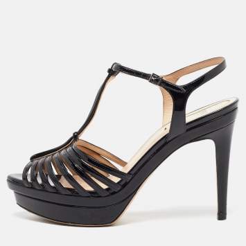 Pre Owned Fendi Black Patent Leather Strappy T-Bar Platform Sandals Size 38