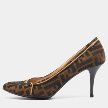 Pre Owned Fendi Brown/Black Tobacco Zucca Canvas and Patent Leather Bow Pumps Size 41