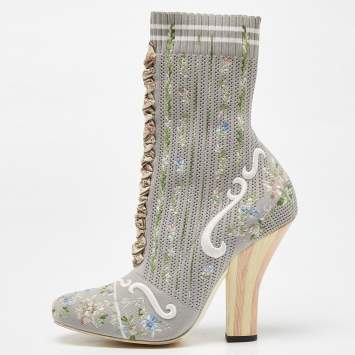 Pre Owned Fendi Grey Floral Embroidered Knit Fabric Sock Ankle Boots Size 39