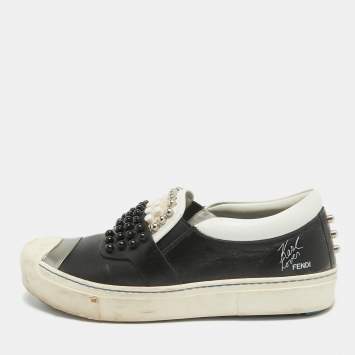 Pre Owned Fendi Black/White Leather Studded Karl Lover Slip On Sneakers Size 37